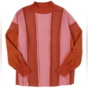 NEW Red and Pink Waffle Knit Exposed Seam Patchwork Top